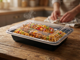 Fun® Black Rect. Microwavable Container 24oz - w/Lid [P:5pcsx1pkt]