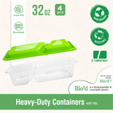 Fun® Bio'd 2-Compartment Clear Rectangle Containers 32oz with Green Lids [4pcs x 1pkt]